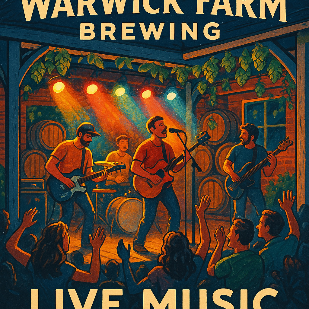 A vibrant and lively poster for a live music event at Warwick Farm Brewing featuring a dynamic stag